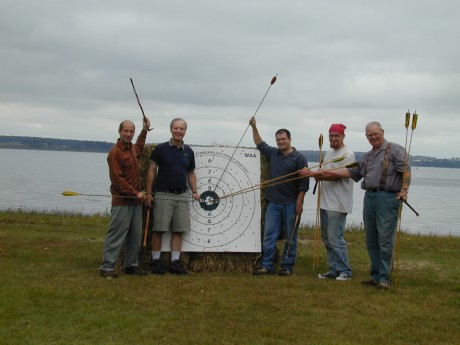 John Morris (far right) with fellow atlatlists competing in an ISAC contest at Chimney Point Historic Site.  (Photo Courtesy of Chimney Point)